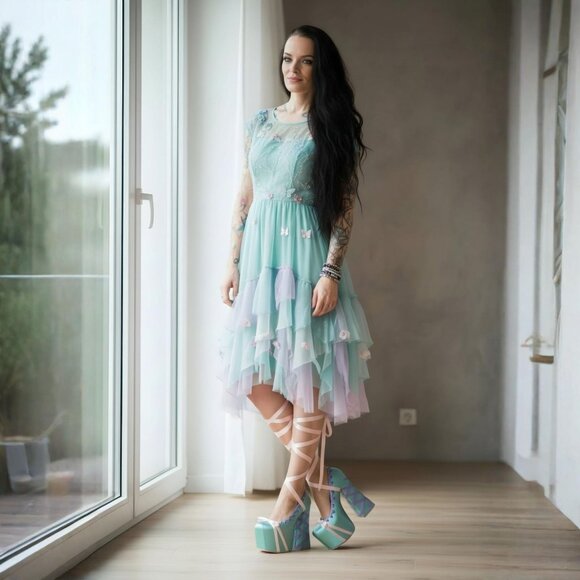 Sugar Thrillz ✦ Pastel Satin Ribbon Platforms ✦ Balletcore Pink Blue Heels NWT - Picture 2 of 10